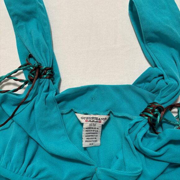 00's VTG Y2K Guess Blue Brown Fairy Top Asymmetrical Hem Plunge V-Neck M - Picture 3 of 4